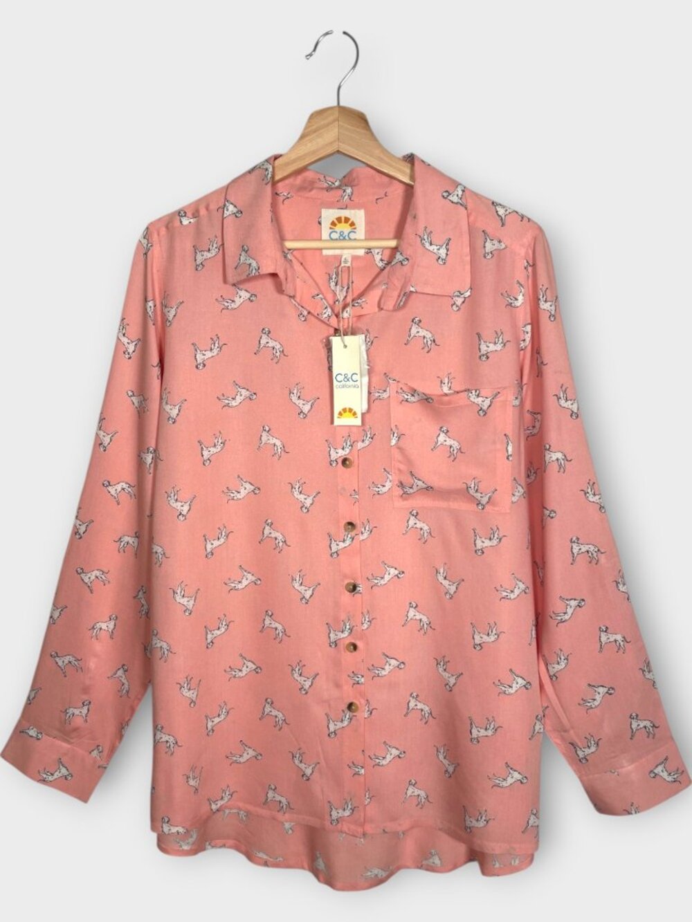 C&C California Button Up Long Sleeve Blouse Shirt LARGE Pink Dogs NEW